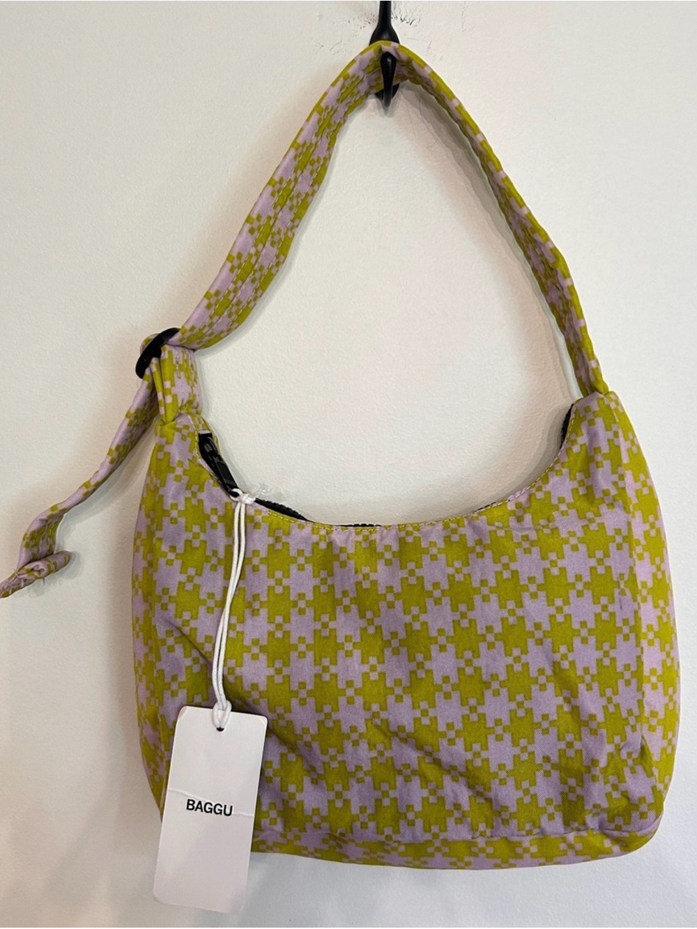 NWT BAGGU MINI NYLON SHOULDER BAG “PINK PISTACHIO PIXEL GINGHAM”